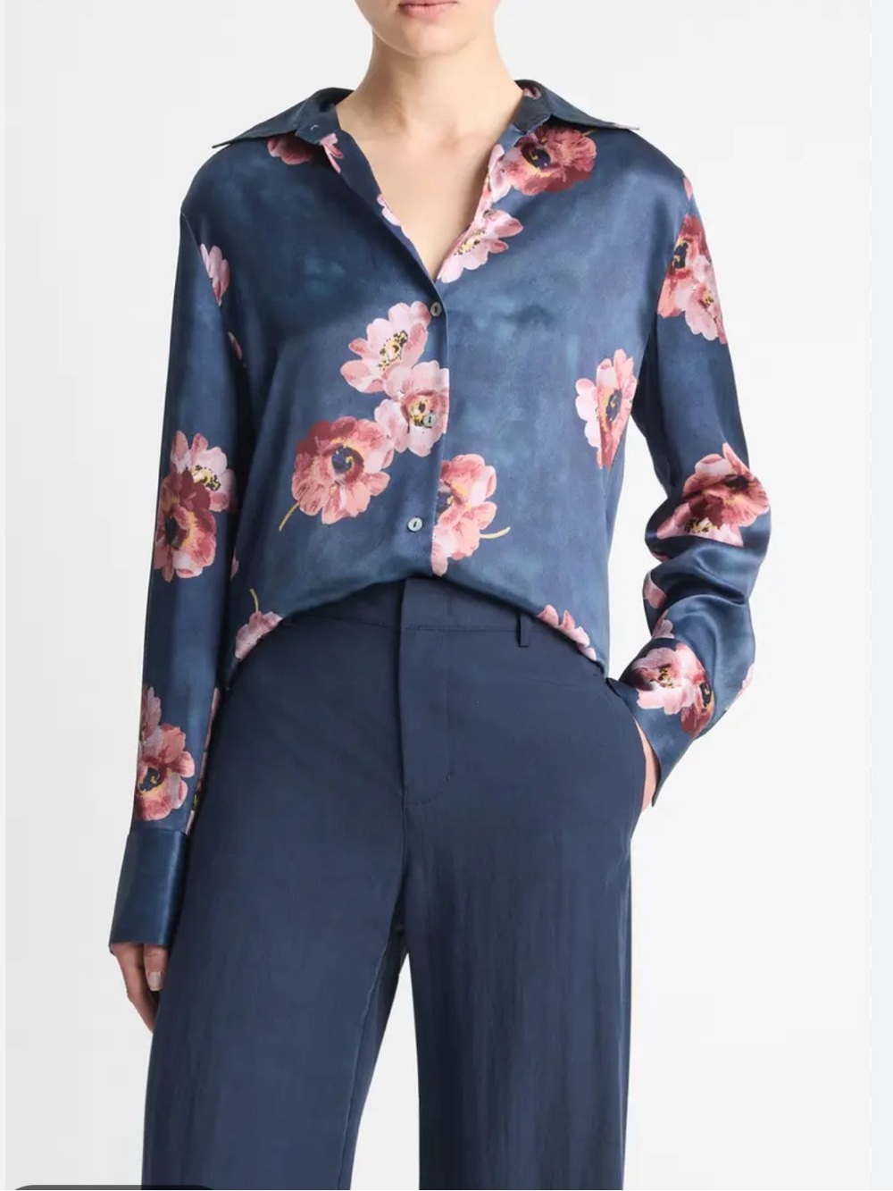 VINCE Silk Painted Poppy Blouse Luxe Floral Button-Up Size Small